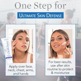 ClearChoice Sport Shield SPF 45 sunscreen in hand with sun background