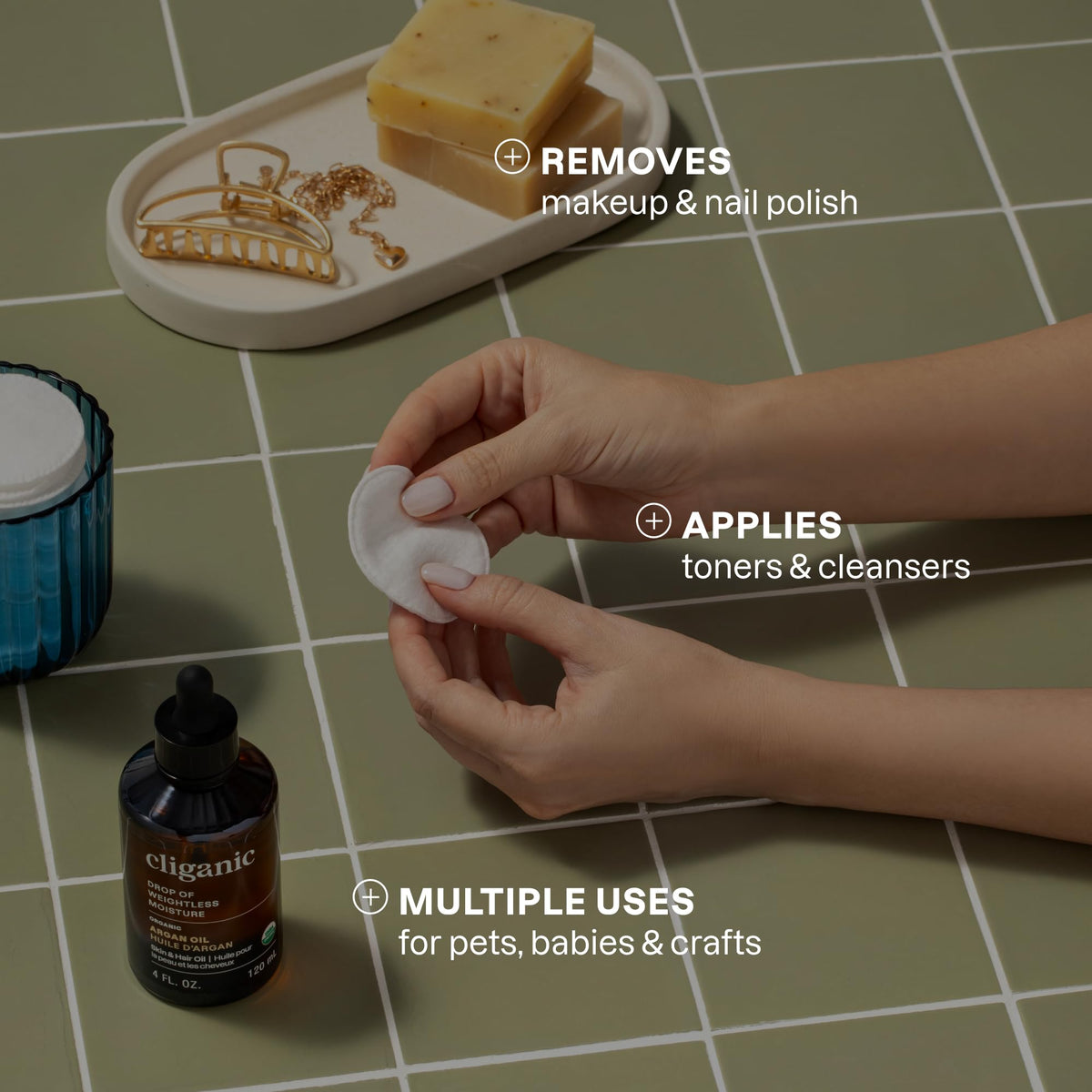 Cliganic Cotton Rounds in use for makeup removal