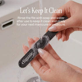 Cliganic nail file being used on acrylic nails