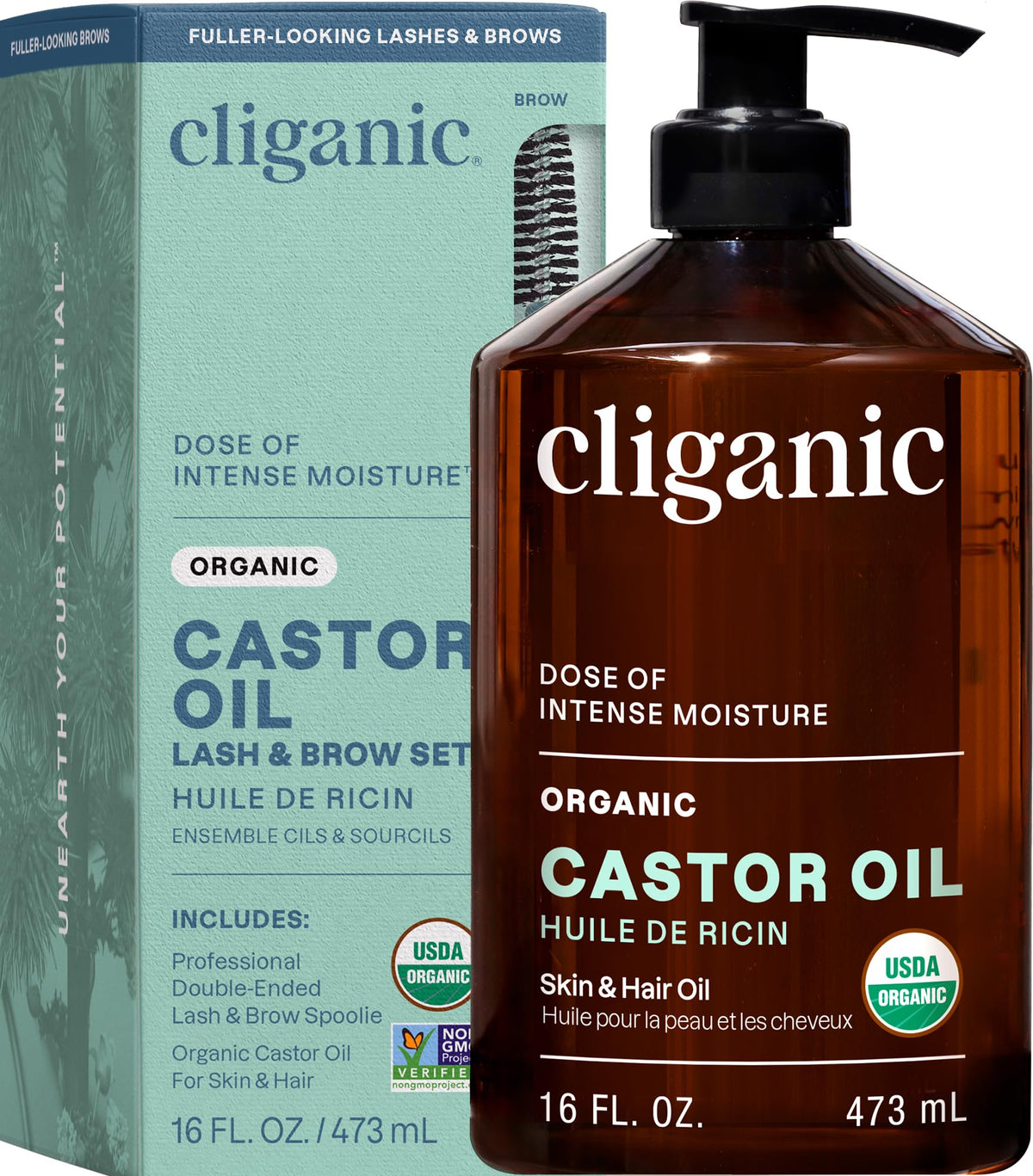 Cliganic Organic Castor Oil 16oz front view with eyelash kit