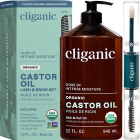 Cliganic Organic Castor Oil 32oz front view with eyelash kit