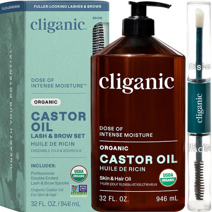 Cliganic Organic Castor Oil 32oz front view with eyelash kit