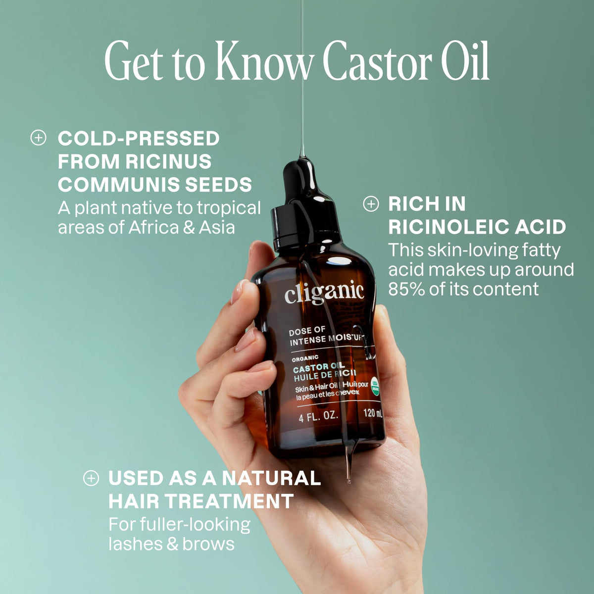Cliganic Organic Castor Oil 32oz side view with mascara wand