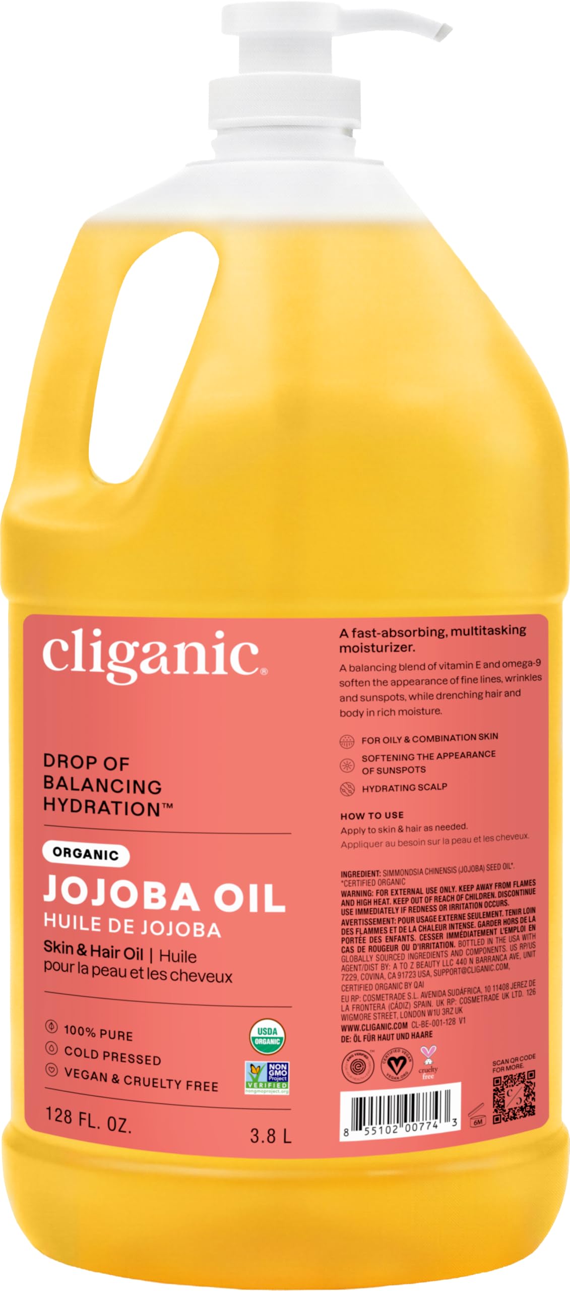 Cliganic Organic Jojoba Oil 128oz with pump front view