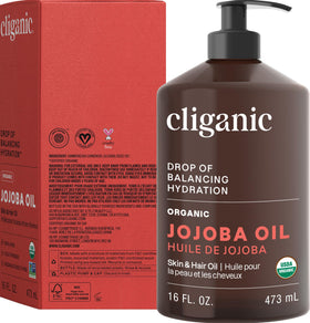 Cliganic Organic Jojoba Oil 16 oz with ingredients list