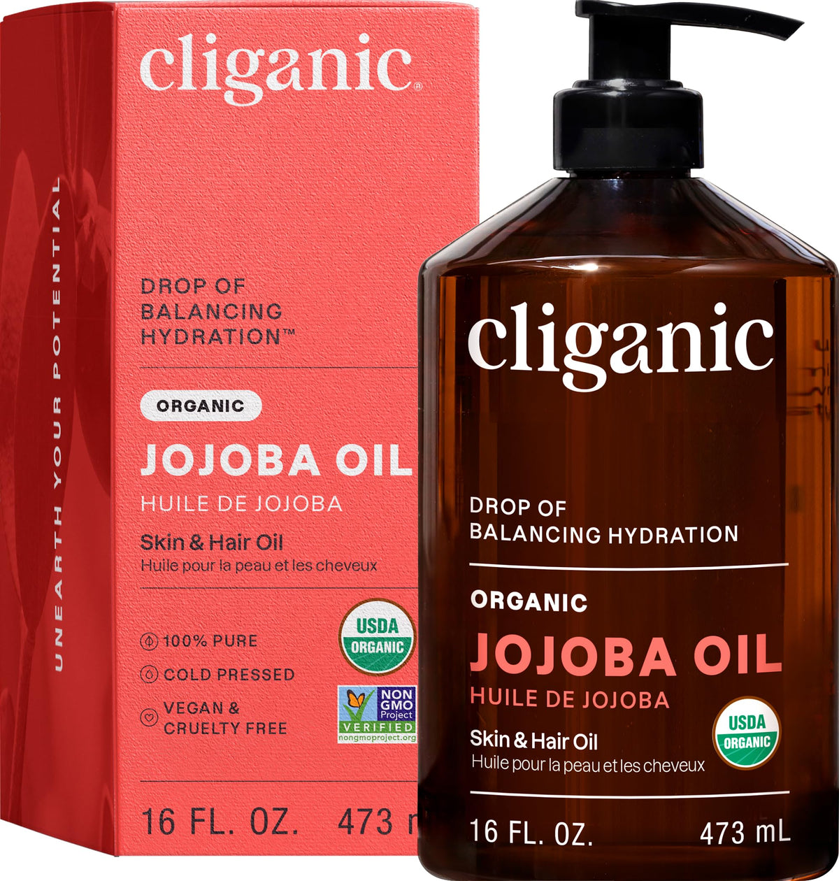 Cliganic Organic Jojoba Oil 16oz front view with pump