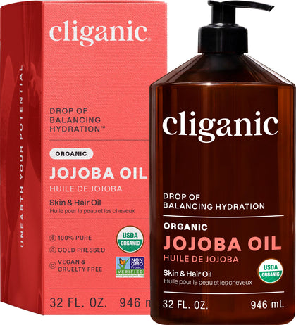 Cliganic Organic Jojoba Oil 32 oz front view with pump