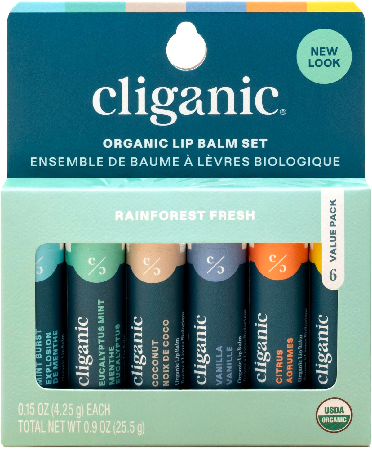 Cliganic Organic Lip Balm Set featuring six flavours in packaging