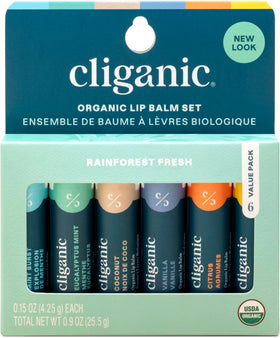 Cliganic Organic Lip Balm Set featuring six flavours in packaging