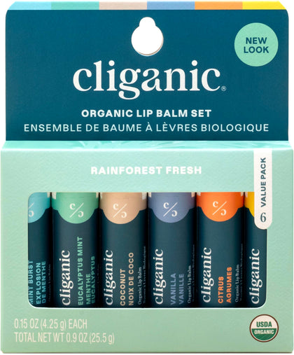 Cliganic Organic Lip Balm Set featuring six flavours in packaging