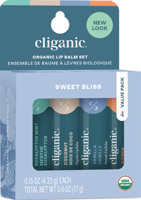 Cliganic Organic Lip Balm Set with four flavours front view