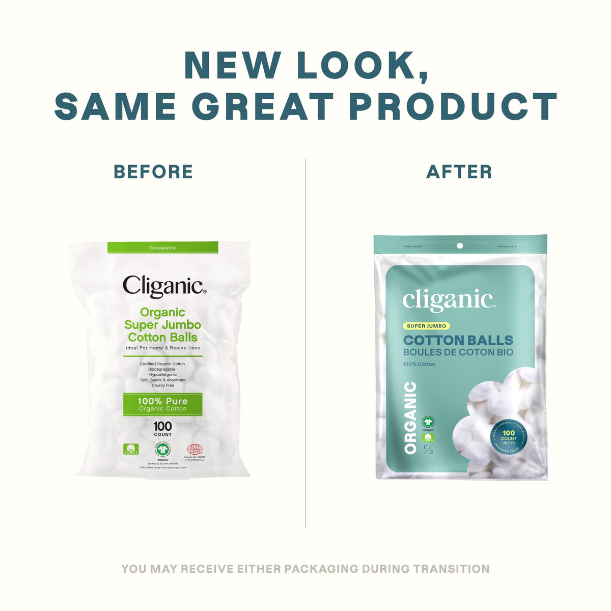 Cliganic Organic Super Jumbo Cotton Balls side view showing size