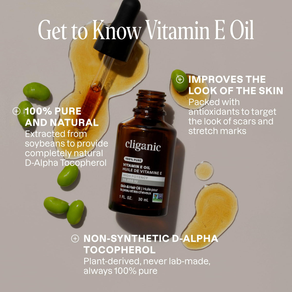 Cliganic Vitamin E Oil on a wooden surface