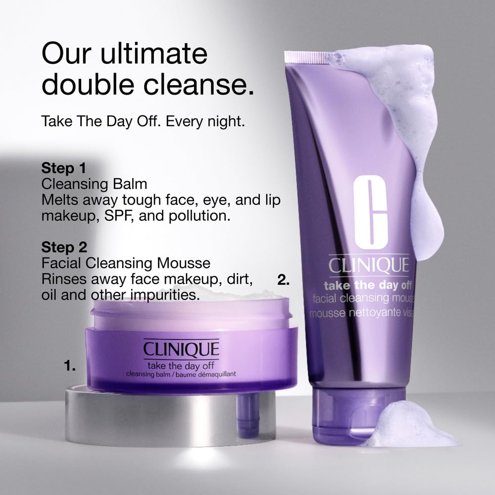 Clinique Take The Day Off Cleansing Mousse in a bathroom setting