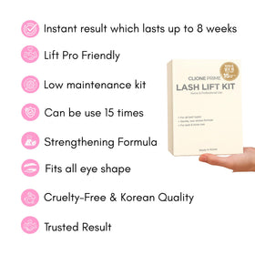 CLIONE lash lift kit components laid out on a table
