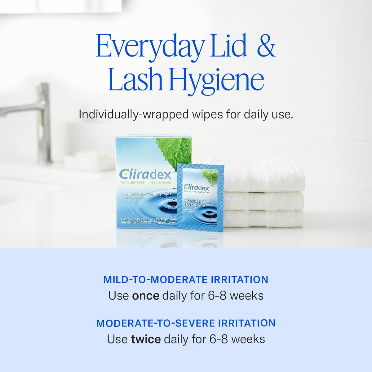 Cliradex Natural Eyelid Towelettes in use on eyelids