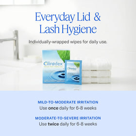 Cliradex Natural Eyelid Towelettes in use on eyelids