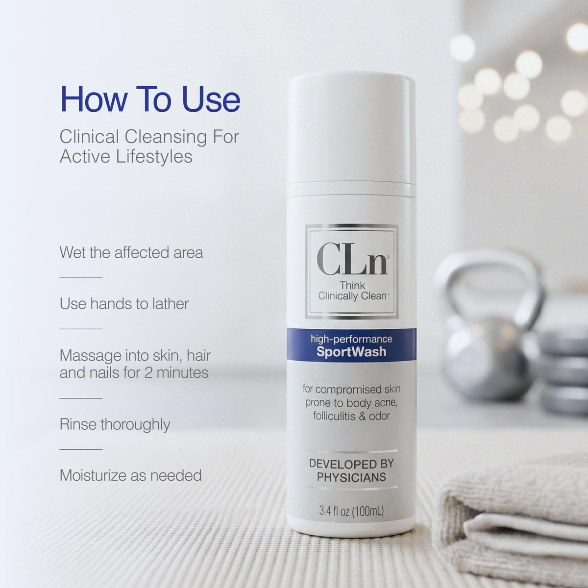 CLn SportWash body wash in a shower setting