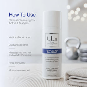 CLn SportWash body wash in a shower setting