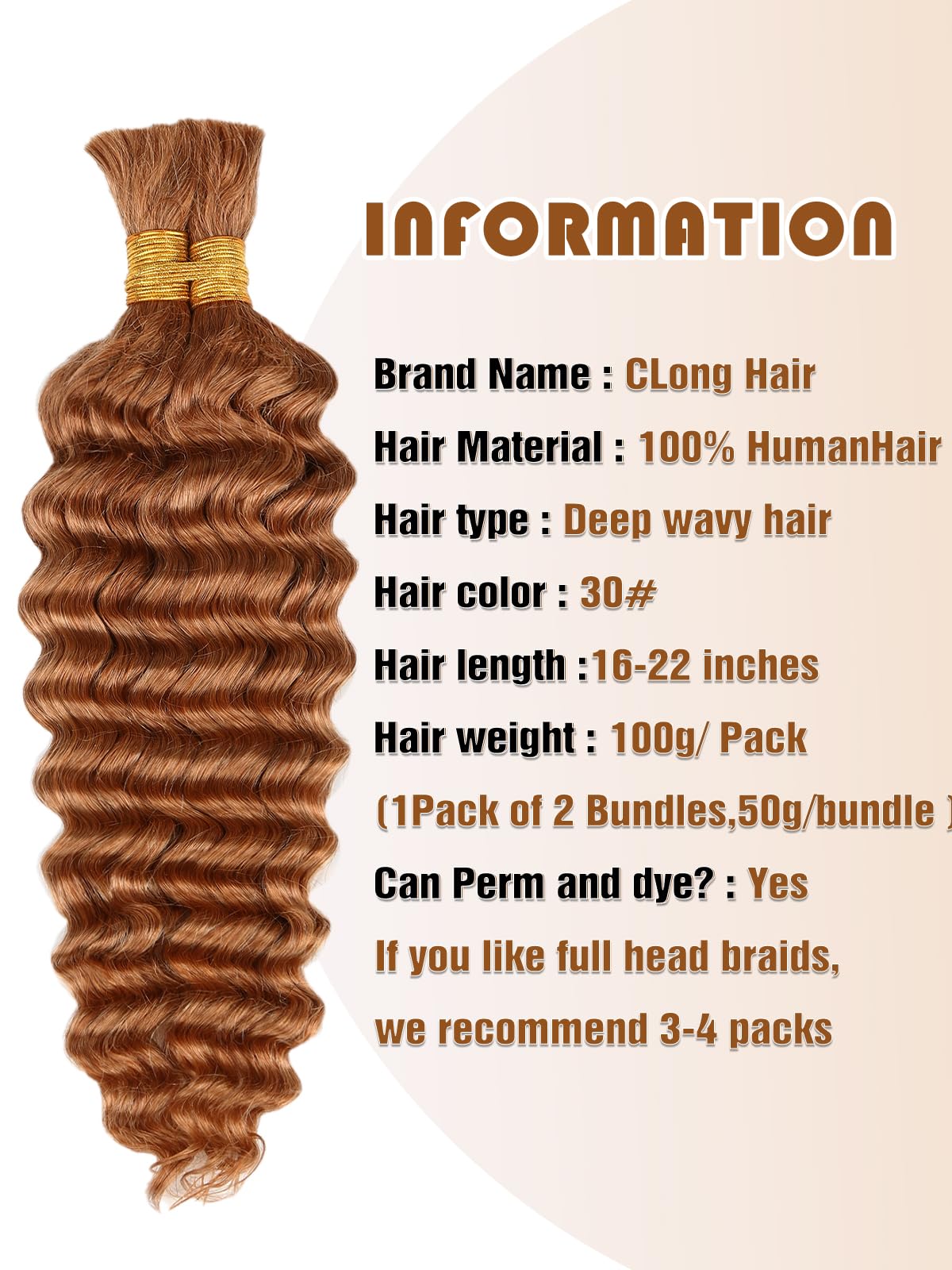 CLong Light Brown Human Braiding Hair Deep Wave texture close-up