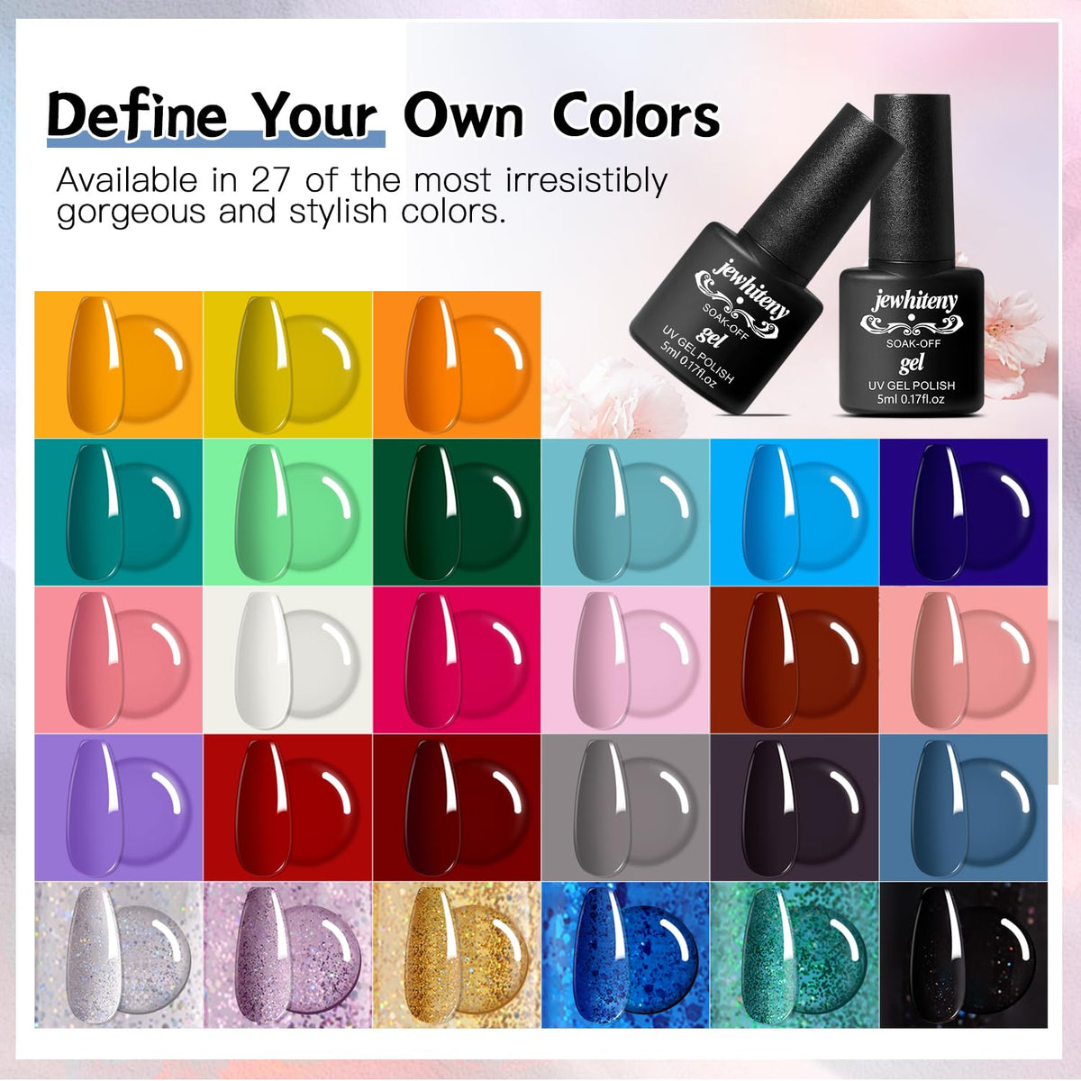 Close-up of 27 gel nail polish bottles in various colours