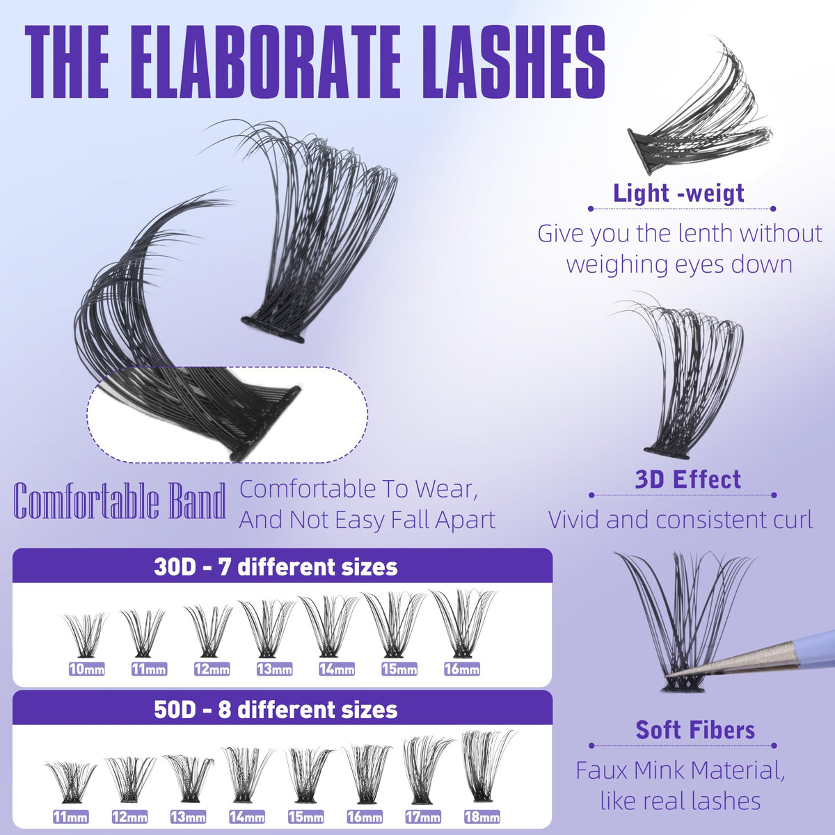 Close-up of 30D lashes in various lengths from the kit
