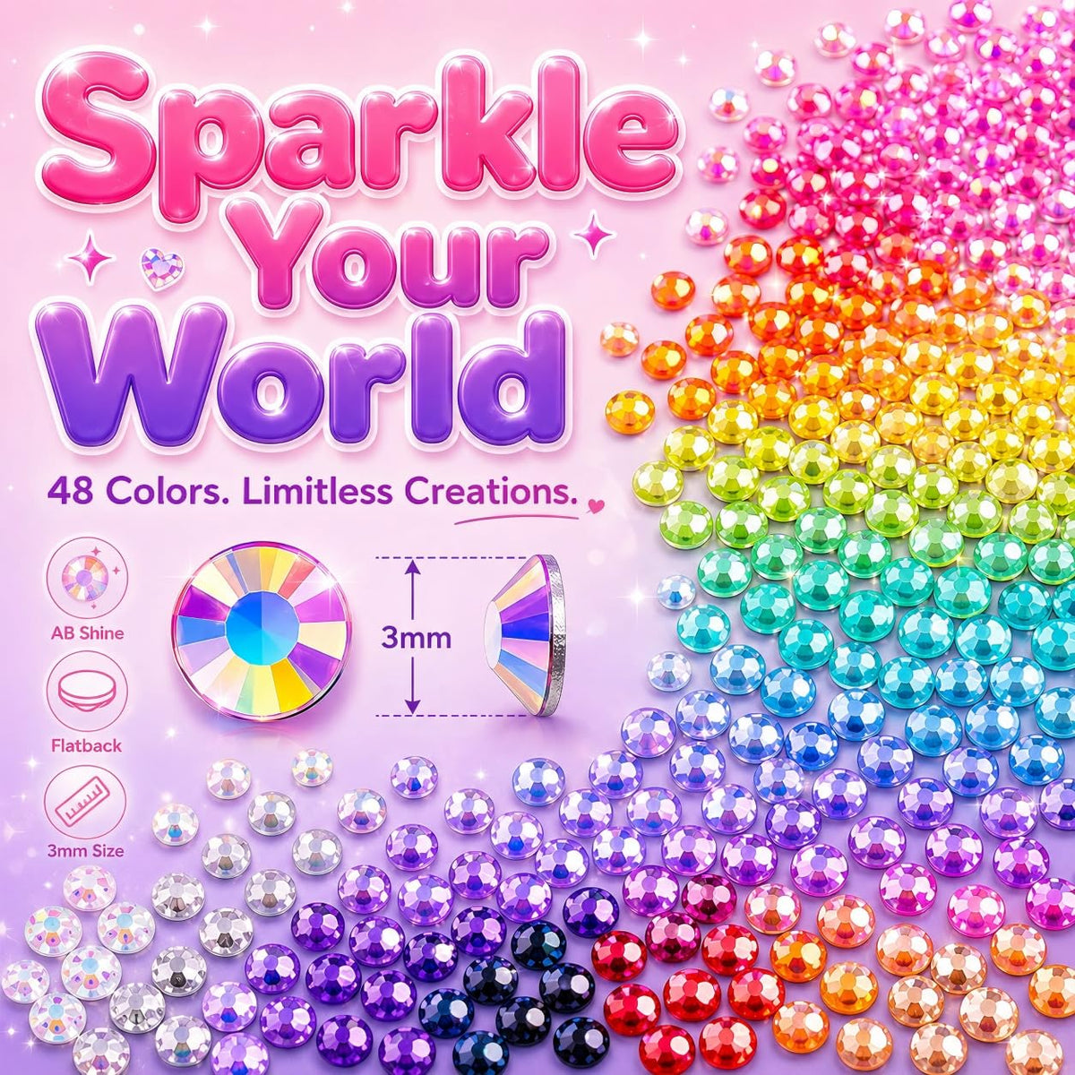Close-up of 3mm flatback rhinestones in various colours