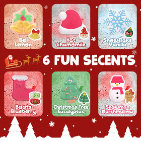 Close-up of a Santa hat shaped bath bomb with hidden toy