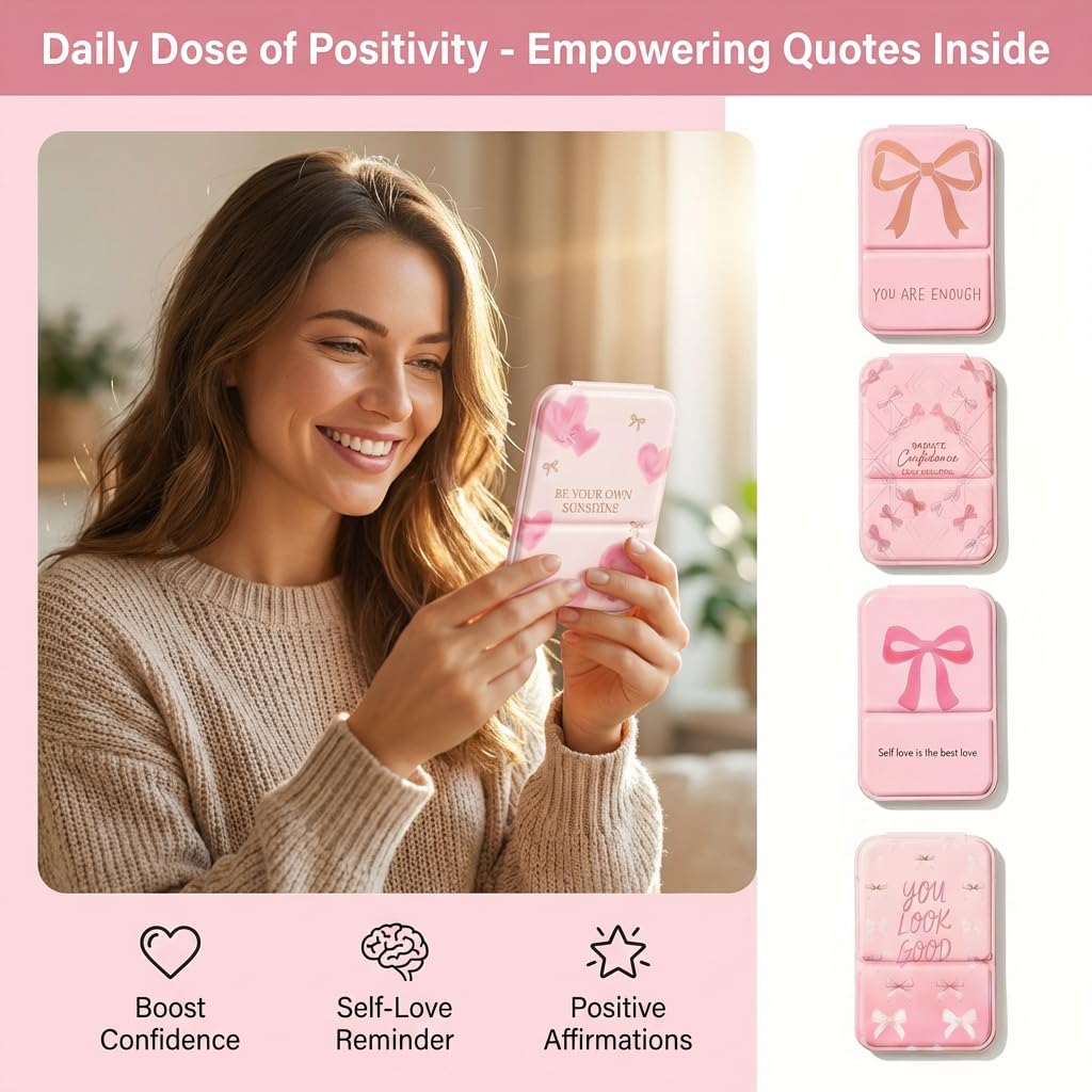 Close-up of a YOJO compact mirror with motivational quote