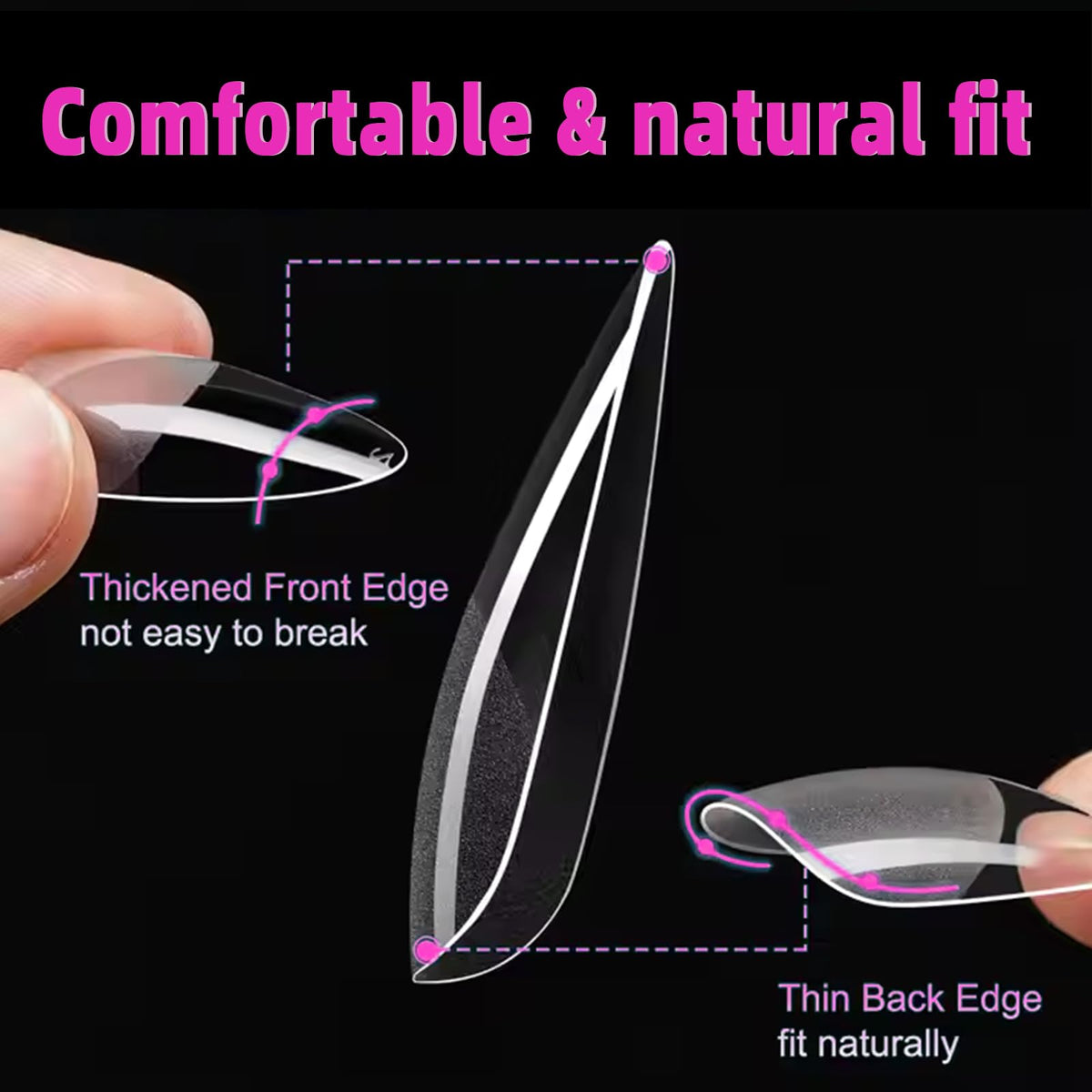 Close-up of AddFavor almond nail tips showing size options