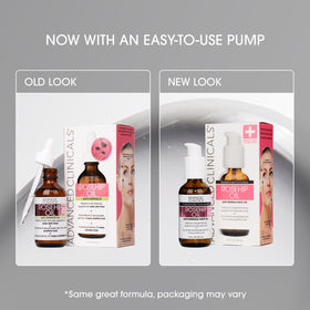 Close-up of Advanced Clinicals Rosehip Oil Face Serum bottle