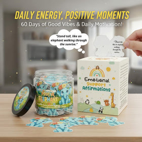 Close-up of affirmation cards inside DEARMINE Positive Elephant Jar