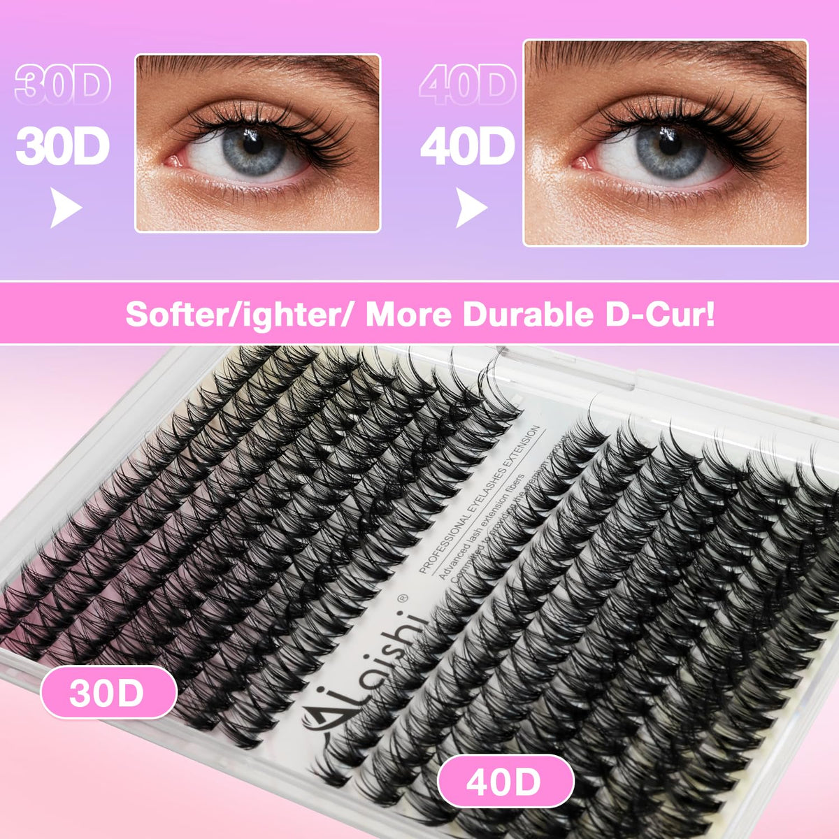 Close-up of AILAISHI lash clusters in various lengths