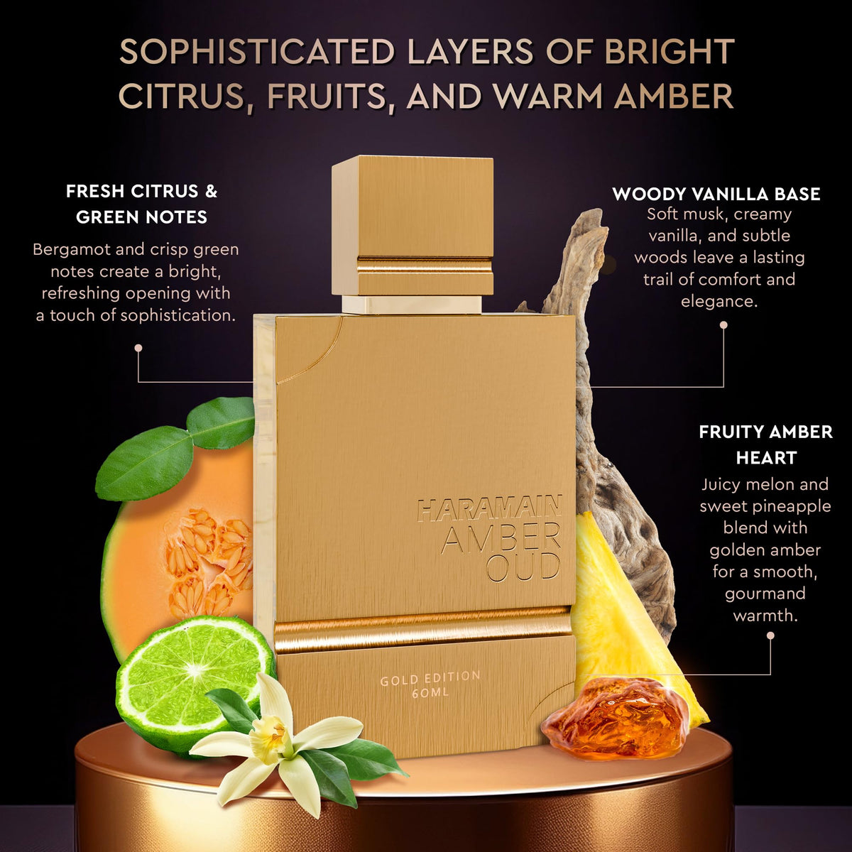 Close-up of Al Haramain Amber Oud Gold Edition fragrance notes