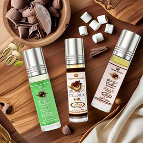 Close-up of Al-Rehab Choco Musk bottle with amber notes
