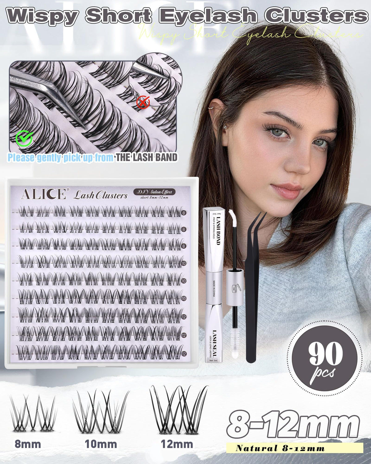 Close-up of ALICE Short Lash Clusters Kit showing invisible band