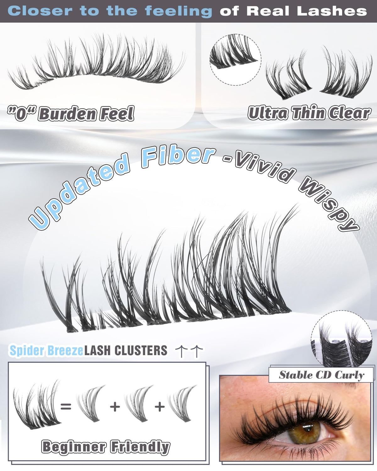 Close-up of ALICE Wispy Lash Clusters showing 10-14mm lengths