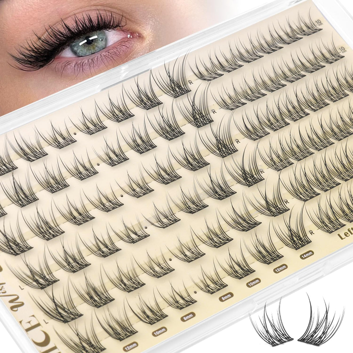 Close-up of ALICE Wispy Natural Lash Clusters showing 8-14mm lengths