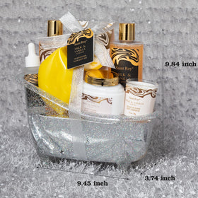 Close-up of almond milk and vanilla scented products