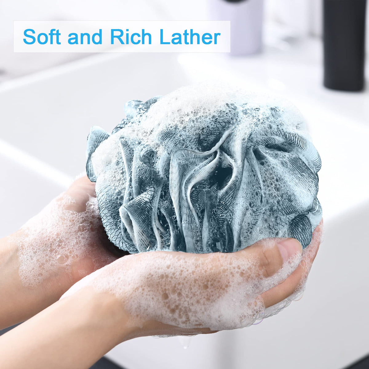 Close-up of AmazerBath loofah sponges showing strong knotting design