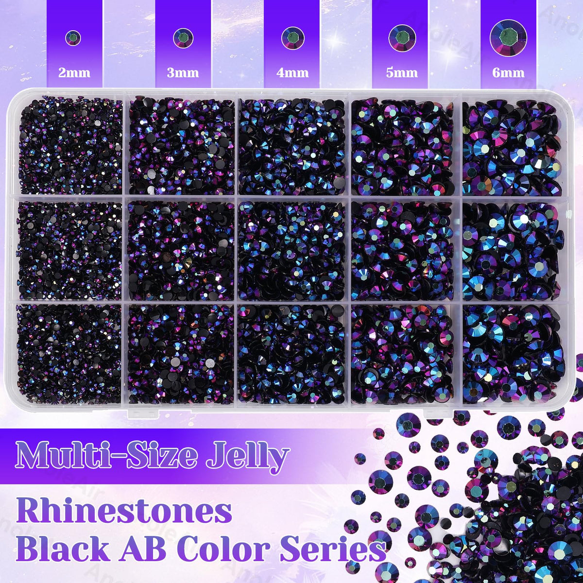 Close-up of AnoleAir Black AB Purple Rhinestones in various sizes