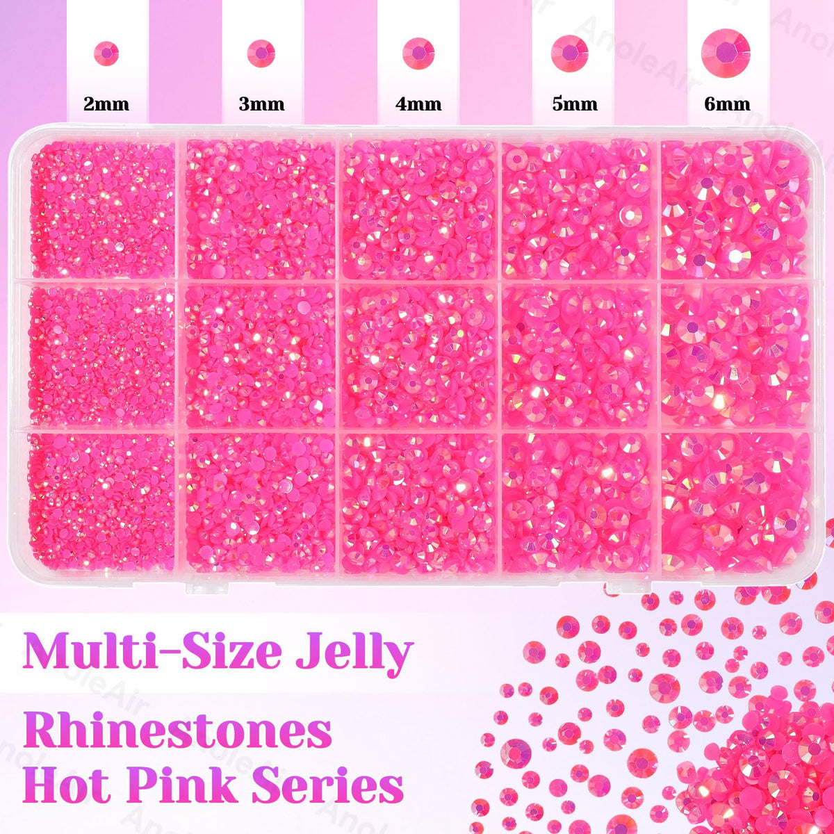 Close-up of AnoleAir hot pink rhinestones in various sizes