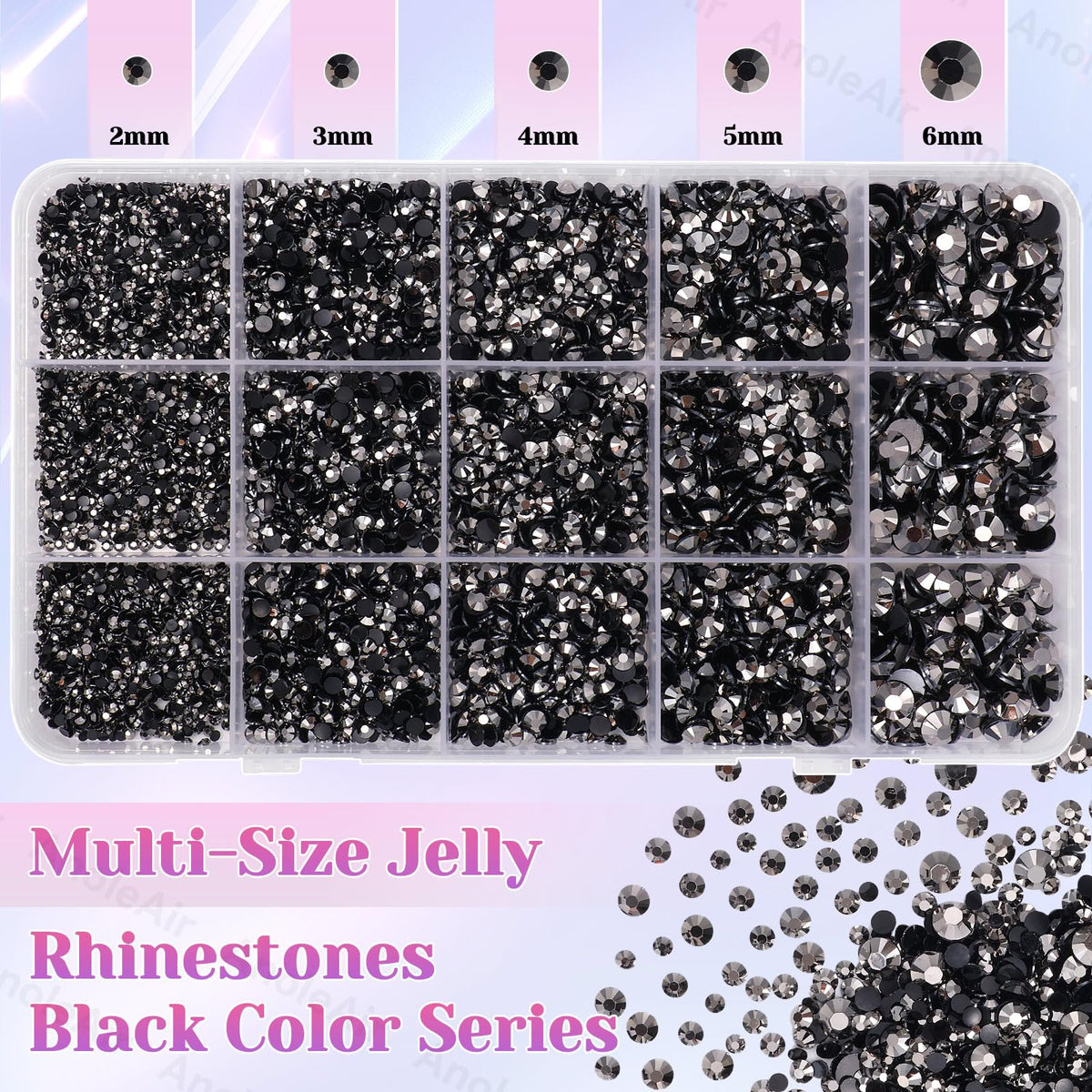 Close-up of AnoleAir jelly rhinestones in various sizes