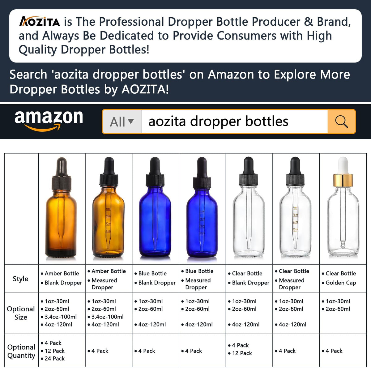 Close-up of AOZITA dark amber glass bottle with dropper