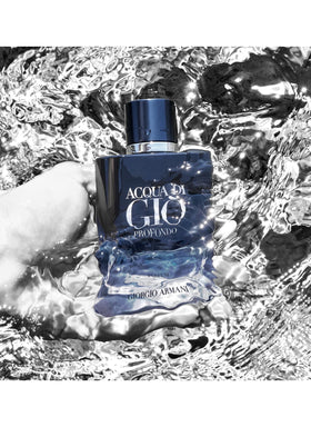 Close-up of Armani Beauty Acqua di Giò Profondo Parfum cap with monogram