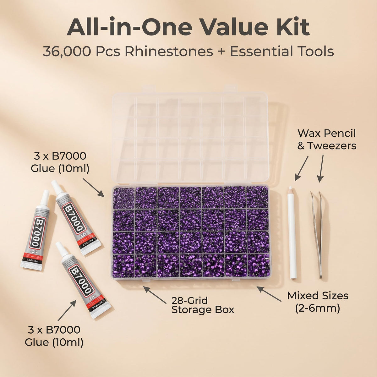 Close-up of assorted purple rhinestones in various sizes