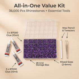 Close-up of assorted purple rhinestones in various sizes