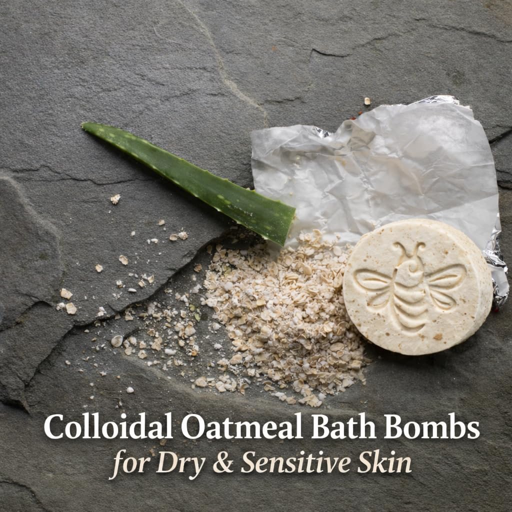 Close-up of Avital's Apiaries Honey Oatmeal Bath Bombs with ingredients