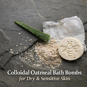 Close-up of Avital's Apiaries Honey Oatmeal Bath Bombs with ingredients