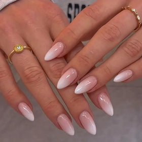 Close-up of AZUREBEAUT Short Almond Ombre Press On Nails with jelly adhesive tabs